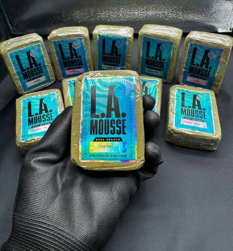 23455225-768x826-1 La Mousse Hash – Sherbert, a premium dry sift concentrate with a soft mousse-like texture and rich, sweet, citrus-forward Sherbert aroma.